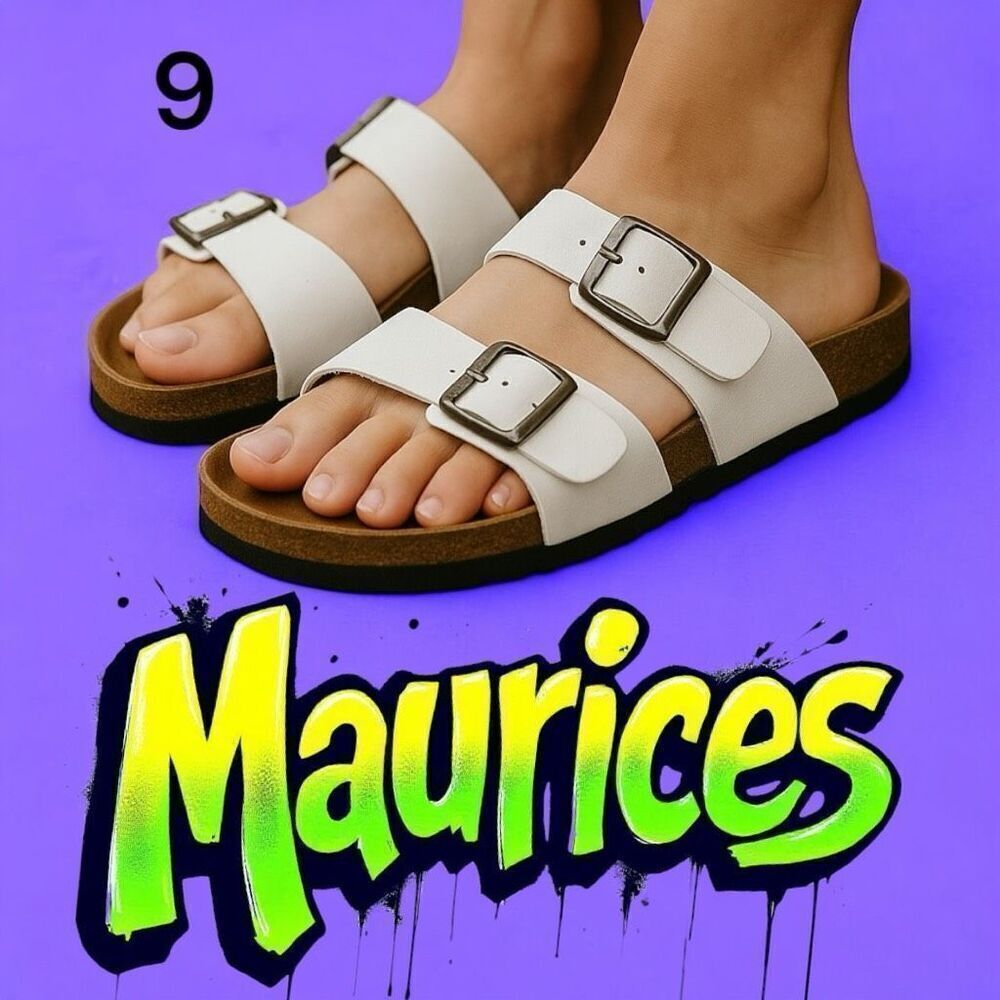 Maurices Womens Leather Cork Sole Double Buckle Strap Slide Sandals White Size 9